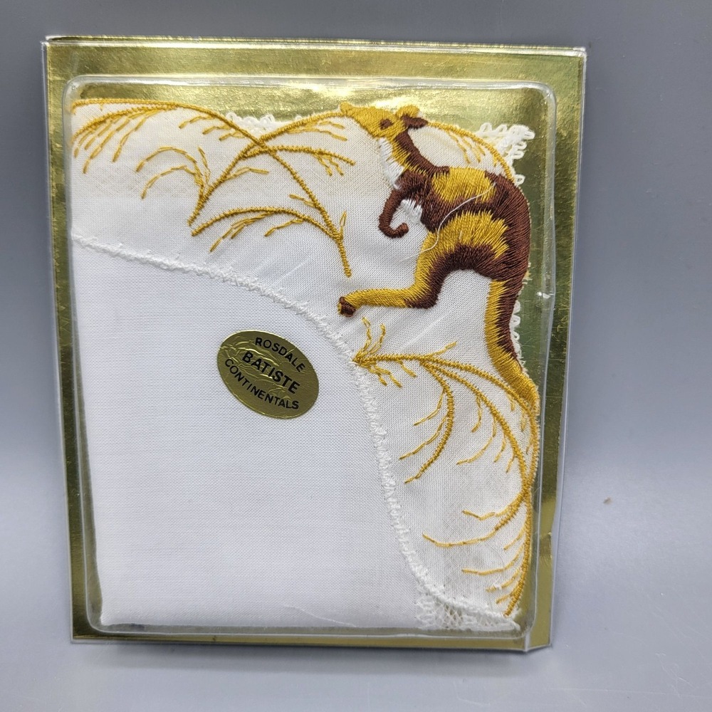 Vintage Rosdale Batiste Hankie Handkerchief Embroidered Kangaroo Design NOS